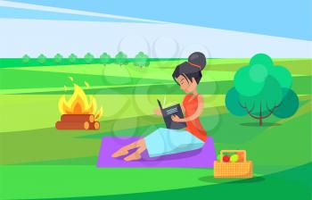 Fireplace by woman sitting on blanket reading book vector. Log wood burning bonfire, nature and bush. Lady relaxing with hobby pastime of calm person