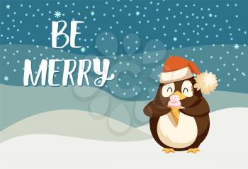 Be merry greeting card with cute arctic penguin eating ice cream. Winter cartoon character on North pole. Bird on snowy landscape and starry night sky