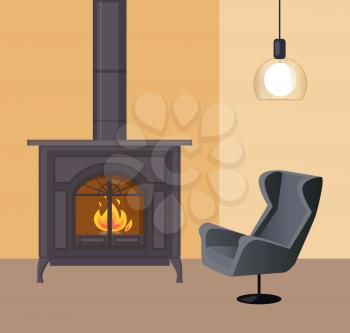 Fireplace in room home interior house atmosphere vector. Furnace made of metal of vintage style, lamp hanging on ceiling, armchair by metallic stove