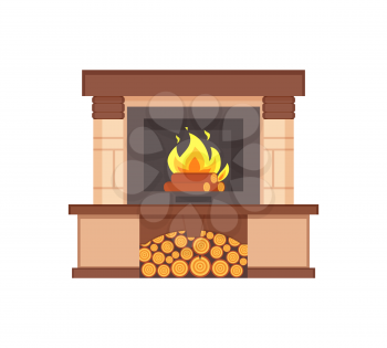 Fireplace with burning logs wooden fuel inside isolated icon vector. Container with wood branches of tree, contemporary interior furniture classic type