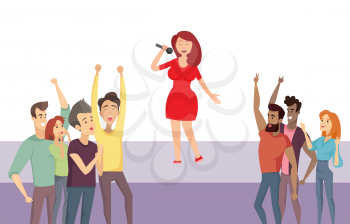 Woman singer standing on stage singing songs vector, performer with crowd. People admiring lady in red dress, star performing for audience of listeners
