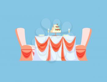 Table for two served by plates, filled champagne in glasses and big wedding cake decorated by roses. Colorful tablecloth and cases for chairs vector