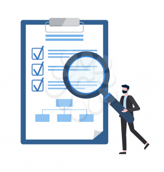 Checklist on notepad and businessman with magnifier vector. Entrepreneur with glass device for search, business plan with check marks isolated icon