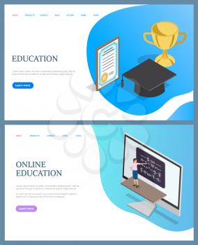 Online education training, teacher with pointer explaining formulas on board. 3D rewards of graduating diploma, golden cup, academic hat, e-learning vector