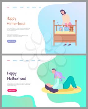 Happy motherhood vector, woman caring for newborn child sleeping in cradle covered with warm blanket. Childhood and playing with baby laying mat. Website or webpage template, landing page flat style
