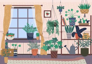 Plants in pots vector, houseplants with soil growing in containers, watering can standing on drawer, carpet and curtains, decor of house room with flora