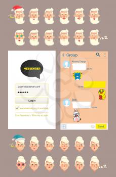 Interface of kakaotalk messenger vector, stickers with old man. Grandfather emoticons, granddad wearing Santa Claus hat, angry and sleepy grandmother
