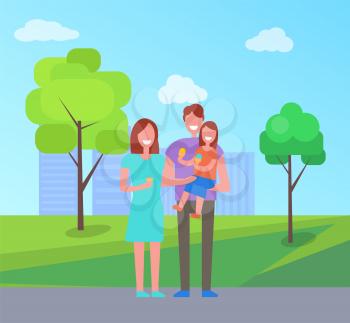Happy family spend time togeter, couple and child walk outdoors, vector people. Parents and daughter on fathers hands in city park near skyscrapers