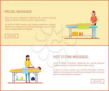 Facial and hot stone massage session cartoon vector banner. Masseur in uniform and rubber gloves massaging lying on table patient covered by towel