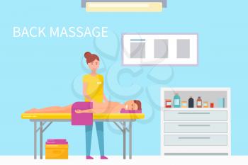 Back massage therapy woman masseuse working with pleasure man relaxing on table vector. Person with towel get professional treatment of specialist