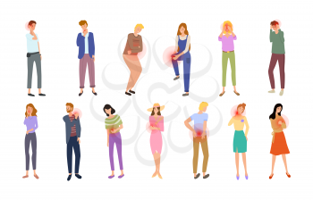 Pain types of people with hurting body parts set vector. Headache and shoulder sore, throat and knee injury. Painful spine back and stomach belly
