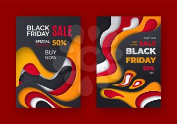 Special promo cards with half price discount. Black Friday sale best offer, 50 percent price off leaflet with 3D backdrop in flat style, vector retail tags.