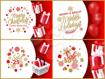 Merry Christmas and happy winter days, big sales vector. Basket with present box decorated with bow, price reduction on half and 25 percents per item