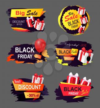 Black Friday offers and sales banners gifts set vector. Sellout of exclusive products with reduction of price, gifts and inflatable balloons clearance