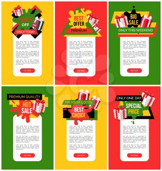 Exclusive offer 55 percent off price web pages vector. Shops sellout with coupons and discounts, special offers and proposals on goods, business deal