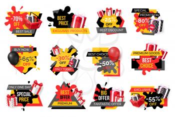 Exclusive products, hot sale discounts offers vector. Basket with gifts boxes, clearance and promotion, exclusive products sellout. Shop proposals