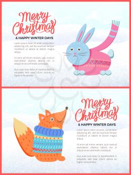 Merry Christmas and Happy Winter Days greeting card. Card with funny blue easter bunny dressed in pink costume and red fox in knitted sweater, vector