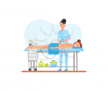 Massage treatment using special apparatus machine for skincare and relaxation. Isolated icon vector with masseuse and relaxing client, smiling female