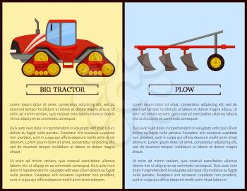 Plow plowing machine vehicle working and dodge. Posters with text sample set, agricultural devices and appliances, mechanical work on farm vector