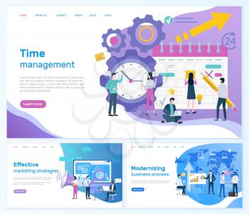 Time management, effective marketing strategies vector. Modernizing business process teamwork working on plan organization social networks promotion