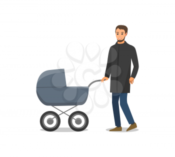 Pram with newborn child and father taking care of child isolated vector. Daddy walking with kid, transporting from one place to another. Family time