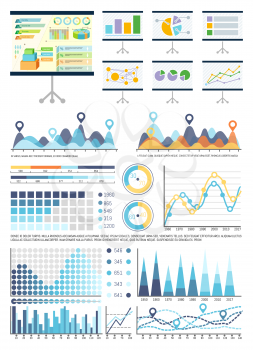 Whiteboard with infocharts and infographics data vector. Graphic representation of information, business conceptualisation. Flowcharts and pie diagram