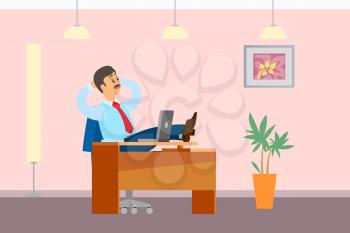 Working break, boss resting in office, put legs on table. Leader in relaxed pose. Chief worker dreaming at workplace, poster with interior design