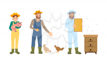 Beekeeper farming people set vector. Breeding of domestic animals and feeding chickens. Man and woman with piglet on hands, apiarist male in uniform
