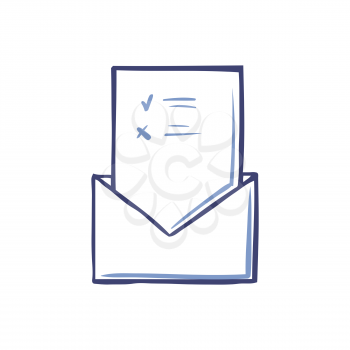 Envelope with opened voting page having marks isolated icon vector. Ballot and information on sheet of paper. Monochrome sketch outline of document