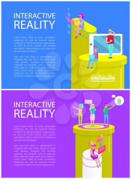 Interactive virtual reality posters with editable text sample. People on tubes with laptops and mobile phones cells. Woman talking and chatting vector