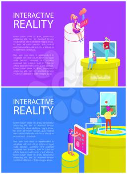 Interactive reality, innovative new gadgets and technologies set of posters with text sample. Table tennis played by man wearing vr goggles vector