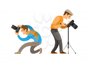 Photographers taking photos with digital cameras. Man in cap standing near tripod, guy making picture from bottom angle vector illustrations set.