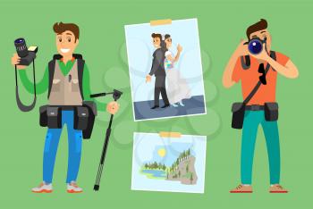 Photographers with digital cameras or photo equipment. Guy holding tripod, setting lens, wedding photography, mountain landscape vector illustration.