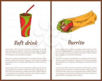 Soft drink with burrito color vector illustrations, isolated on white icons of wrapped dough with mexican snack and chill beverage with red straw