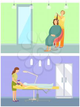 Cosmetician and hair styling hairdresser set vector. Stylist with client making new haircut, cosmetologist with tool instrument in hands at beauty salon