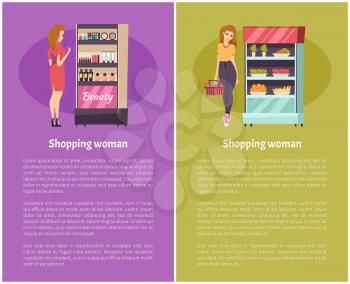 Shopping beauty stand with cosmetics and makeup products posters set vector. Woman buying vegetables and fruits from store. Grocery and visage items