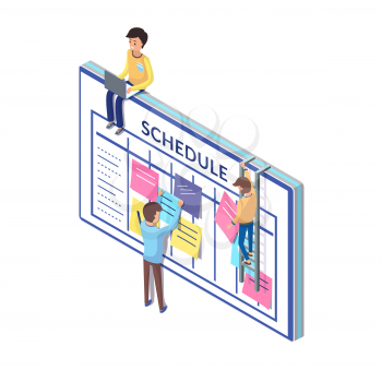 Schedule board and people, working on its updating vector. Organization of workplace, work tasks and list of important things to be done checklist