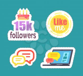 Like me and 15k followers cake isolated icons set vector. Laptop with screen and chatting boxes, profile of user on monitor. Bubbles and celebration