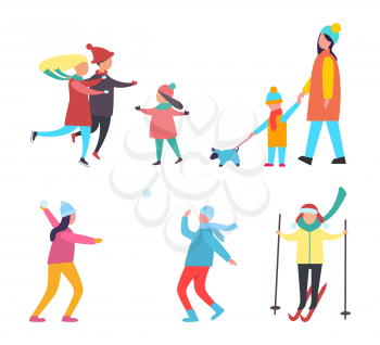 Winter activities and hobbies people set vector. Family skating with children, mother child walking dog pet. Couple playing snowballs, skiing person