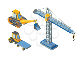 Excavator and construction machinery, lifting crane isolated icons vector. Machines with shovel and digger, hydraulic transport structure development