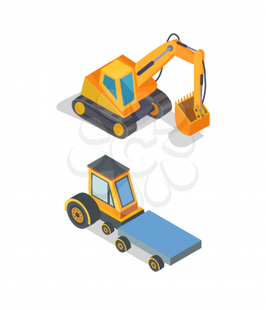 Construction machines, excavator and transport vector. Transporting vehicle, bulldozer with shovel to excavate ground. Machinery in industry field