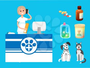 Veterinary clinic reception woman with cell phone vector. Isolated icons of bottles with pills, domestic animals medications. Dogs of different breeds