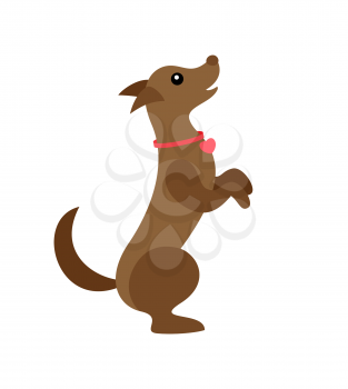 Dog wearing bow on neck, pet canine jumping up vector. Animal in veterinary, isolated icon of domesticated mammal. Friendly hound wagging tail happy