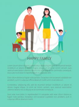 Family members mother, father, son, daughter and dog pet isolated. Happy couple and children, close relatives walk together, cartoon style vector poster