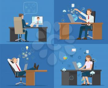 Set of cards office workers vector illustration with four employees sitting on chairs, various tables and gadgets many icons isolated on blue backdrop
