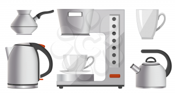 Set of silver kitchen devices vector illustration with bright cups, coffee machine, electric-kettle and common kettle cezve isolated on white backdrop