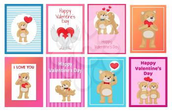 Cute soft toy bears that hold hands and kiss and white doves couples in love with red hearts isolated cartoon vector illustrations for valentines day.