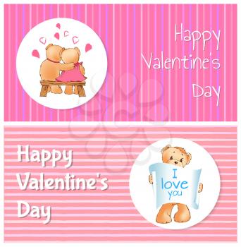 Happy Valentines day poster with two bears hugging on bench back view, teddy with paper scroll I love you message, vector illustration greeting cards