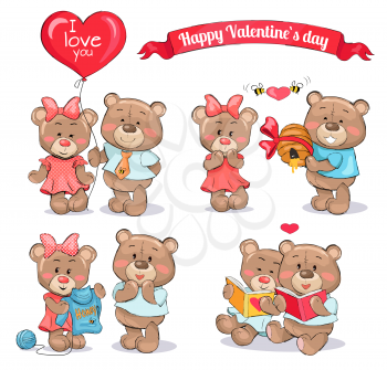 Happy Valentines Day set of cute teddy bears couples in love which exchange gifts and spend time together isolated cartoon flat vector illustrations.
