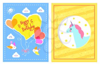 Happy birthday festive posters vector illustration of celebration cards with colorful hearts, birds and clouds, sun and unicorn with lot of stars
